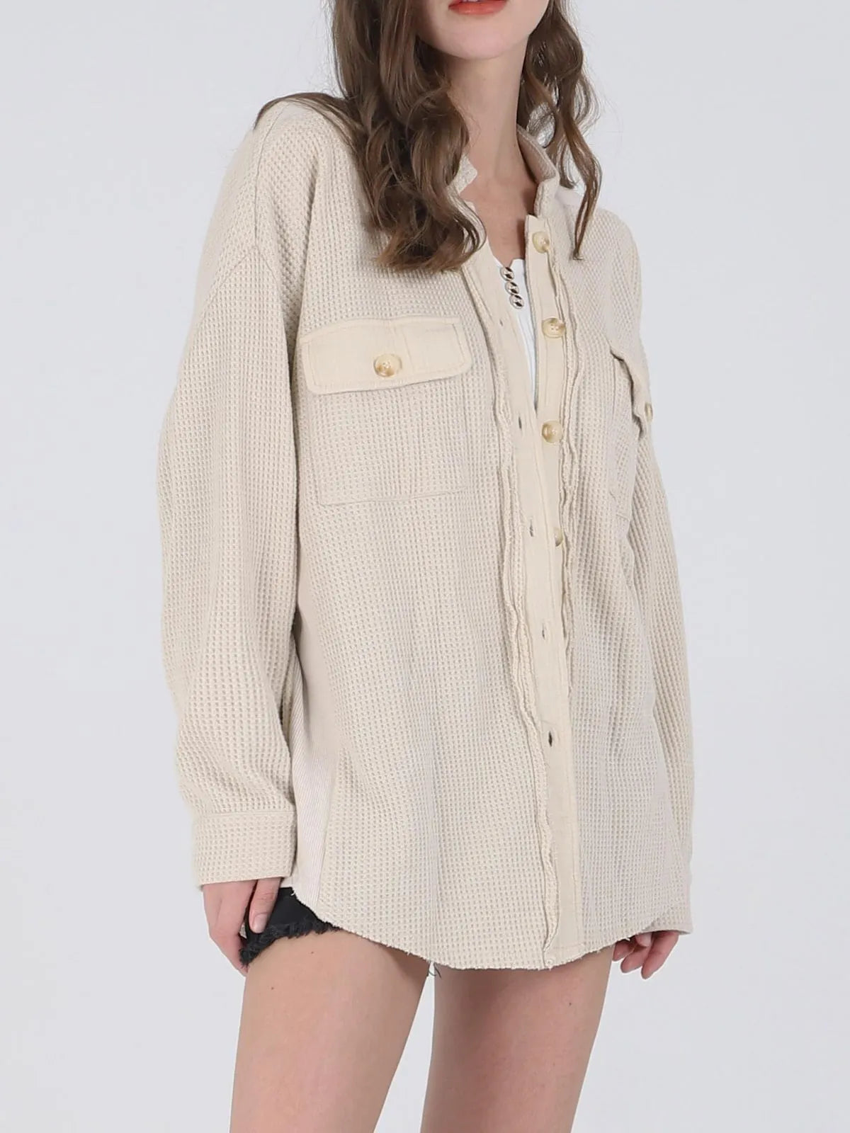 Solid Lapel Loose Fit Batwing Sleeve Waffle Knit Button Down Coat