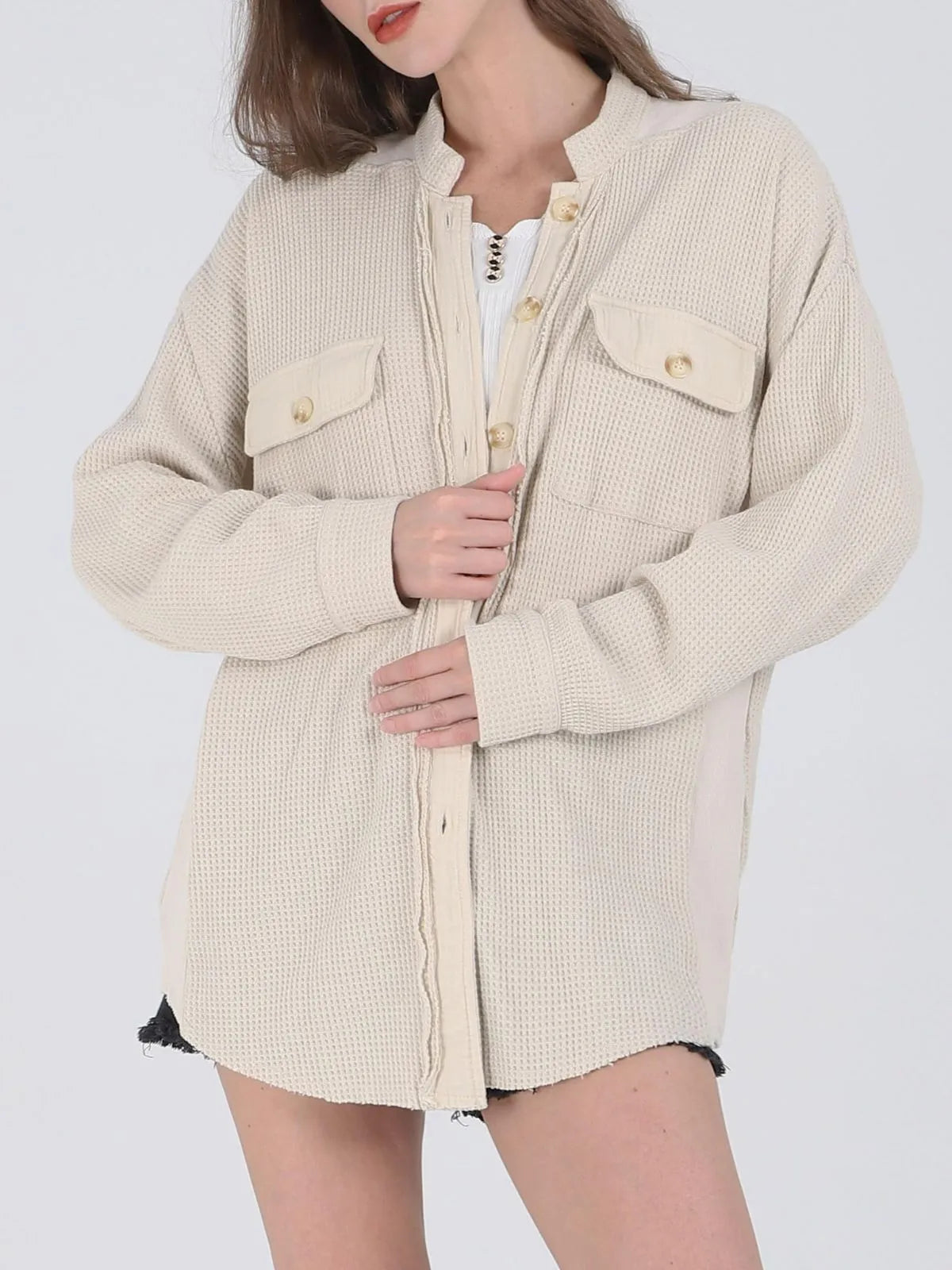 Solid Lapel Loose Fit Batwing Sleeve Waffle Knit Button Down Coat
