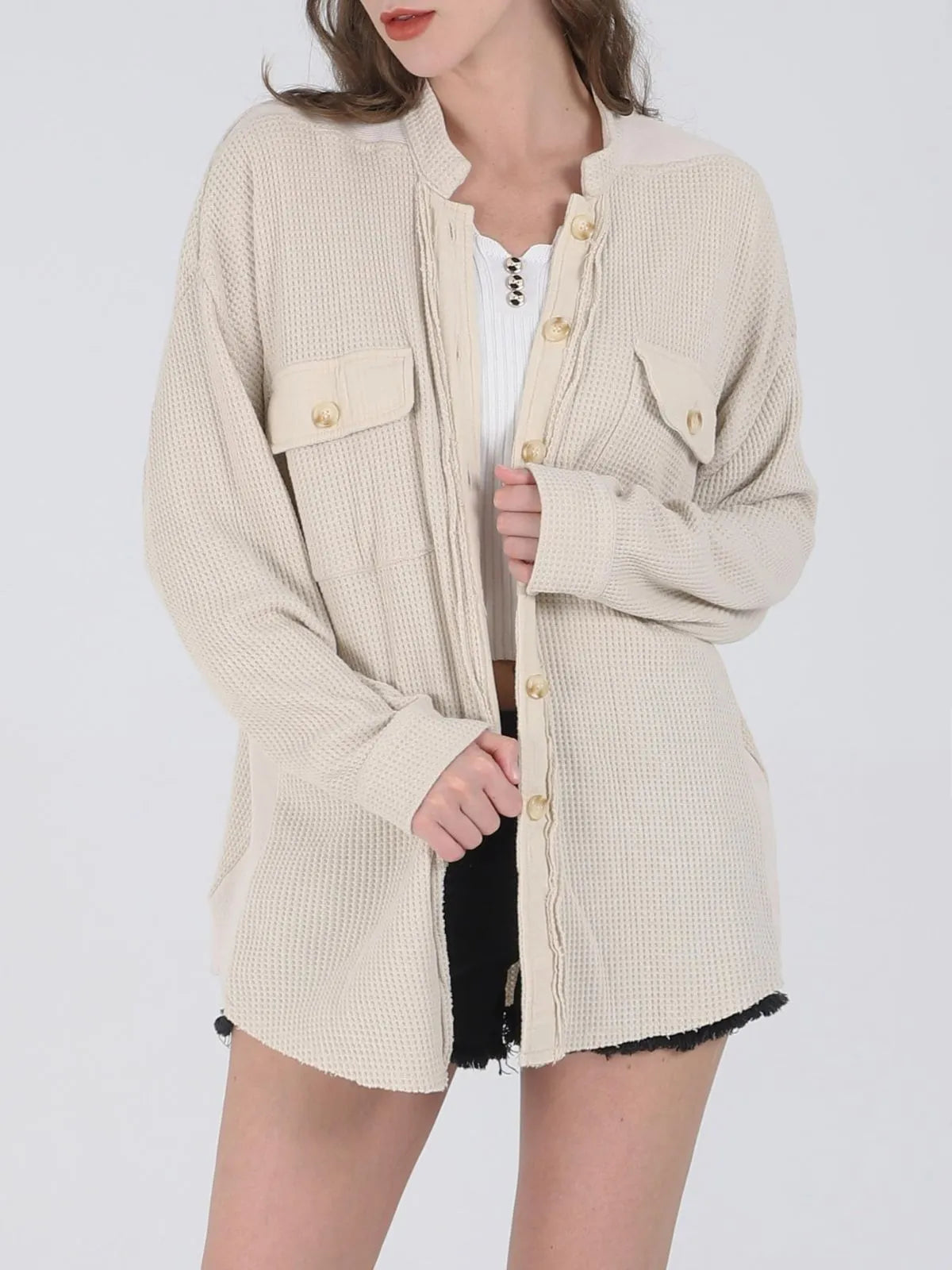 Solid Lapel Loose Fit Batwing Sleeve Waffle Knit Button Down Coat