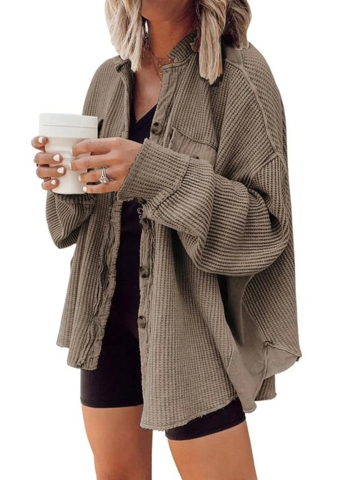 Solid Lapel Loose Fit Batwing Sleeve Waffle Knit Button Down Coat