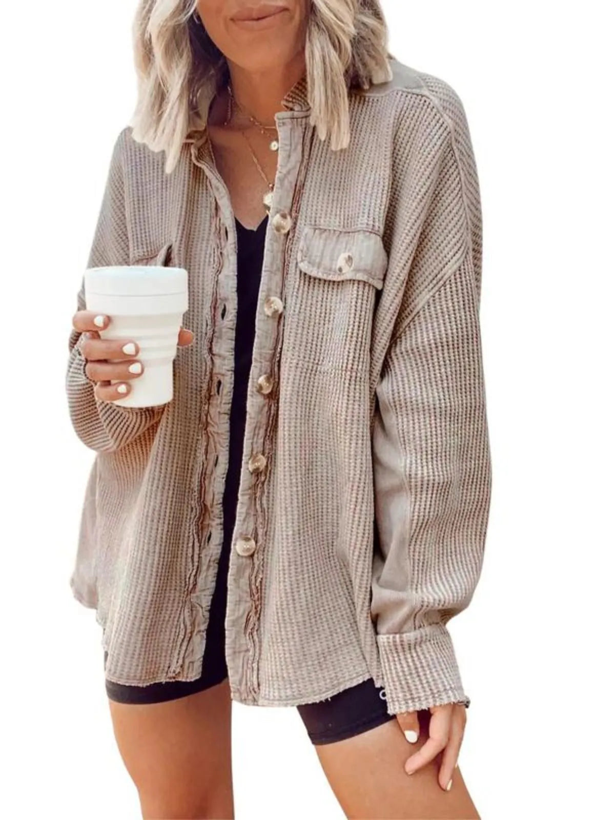 Solid Lapel Loose Fit Batwing Sleeve Waffle Knit Button Down Coat