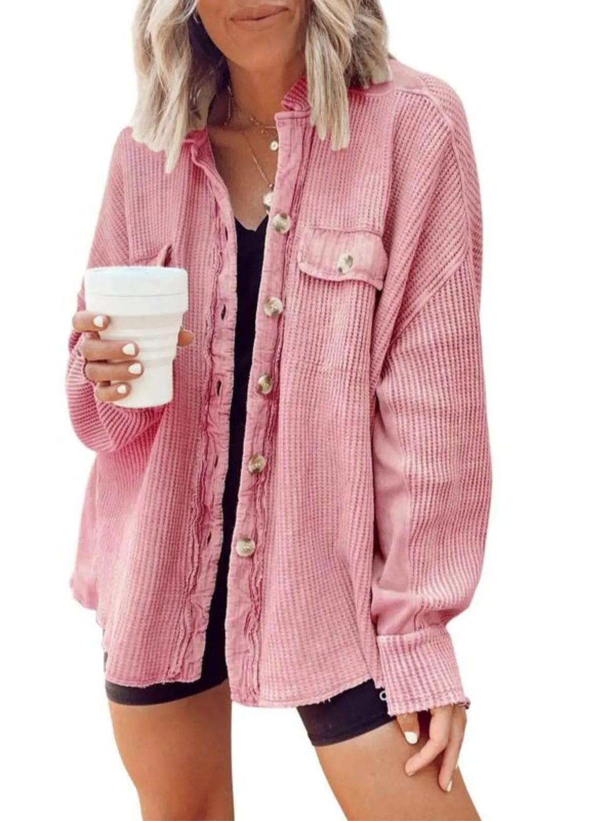 Solid Lapel Loose Fit Batwing Sleeve Waffle Knit Button Down Coat