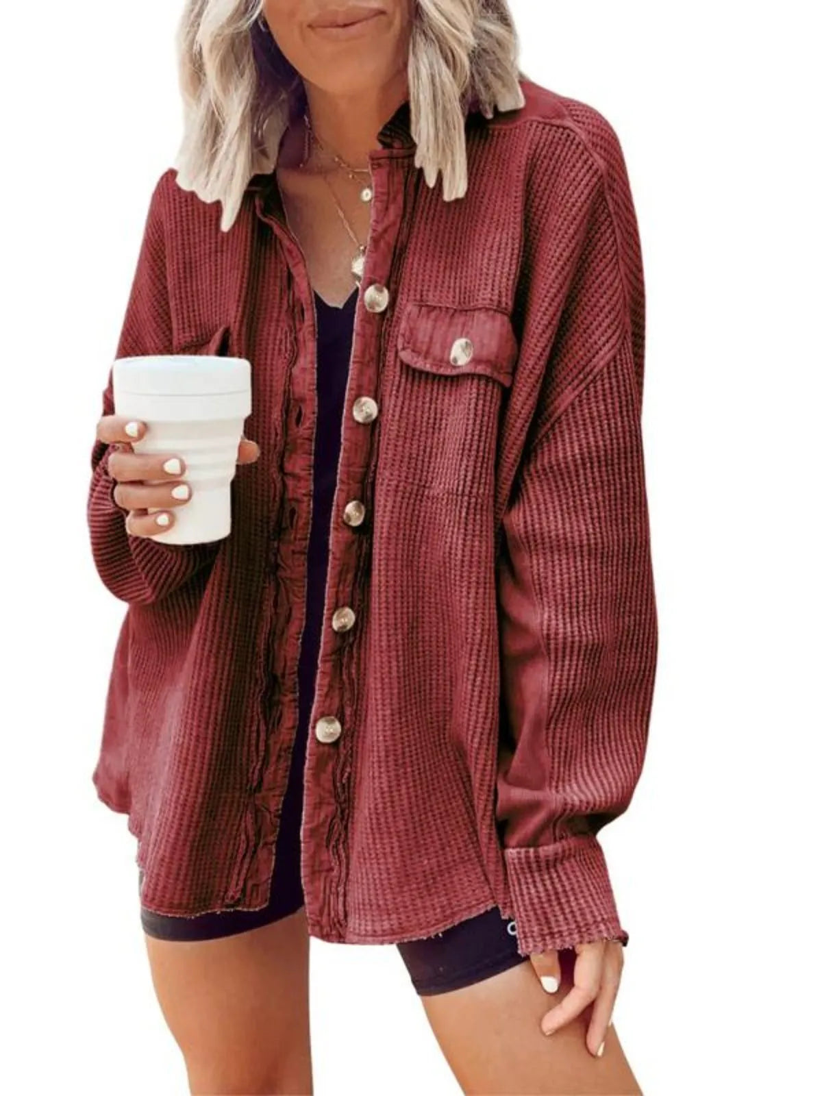 Solid Lapel Loose Fit Batwing Sleeve Waffle Knit Button Down Coat
