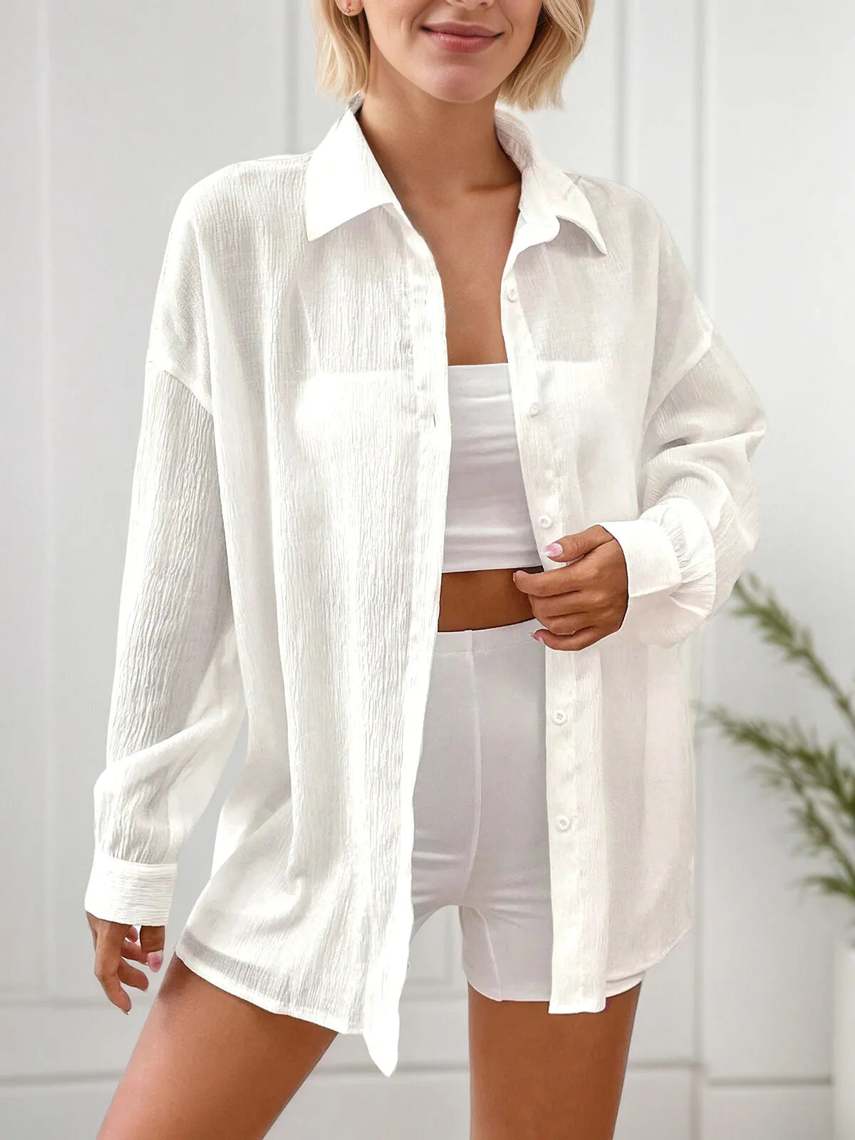 Solid Button Lapel Long Sleeve Blouse