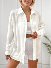 Solid Button Lapel Long Sleeve Blouse