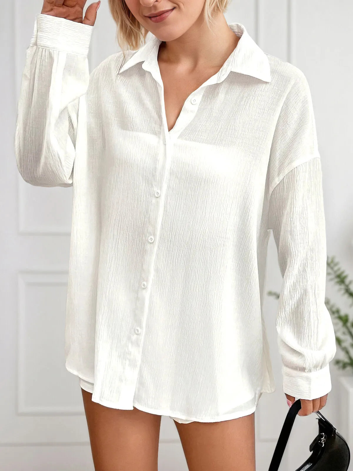 Solid Button Lapel Long Sleeve Blouse