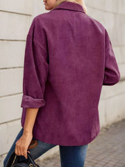 Solid Button Lapel Regular Sleeve Long Sleeve Corduroy Blouse