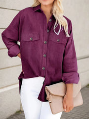Solid Button Lapel Regular Sleeve Long Sleeve Corduroy Blouse