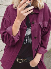 Solid Button Lapel Regular Sleeve Long Sleeve Corduroy Blouse
