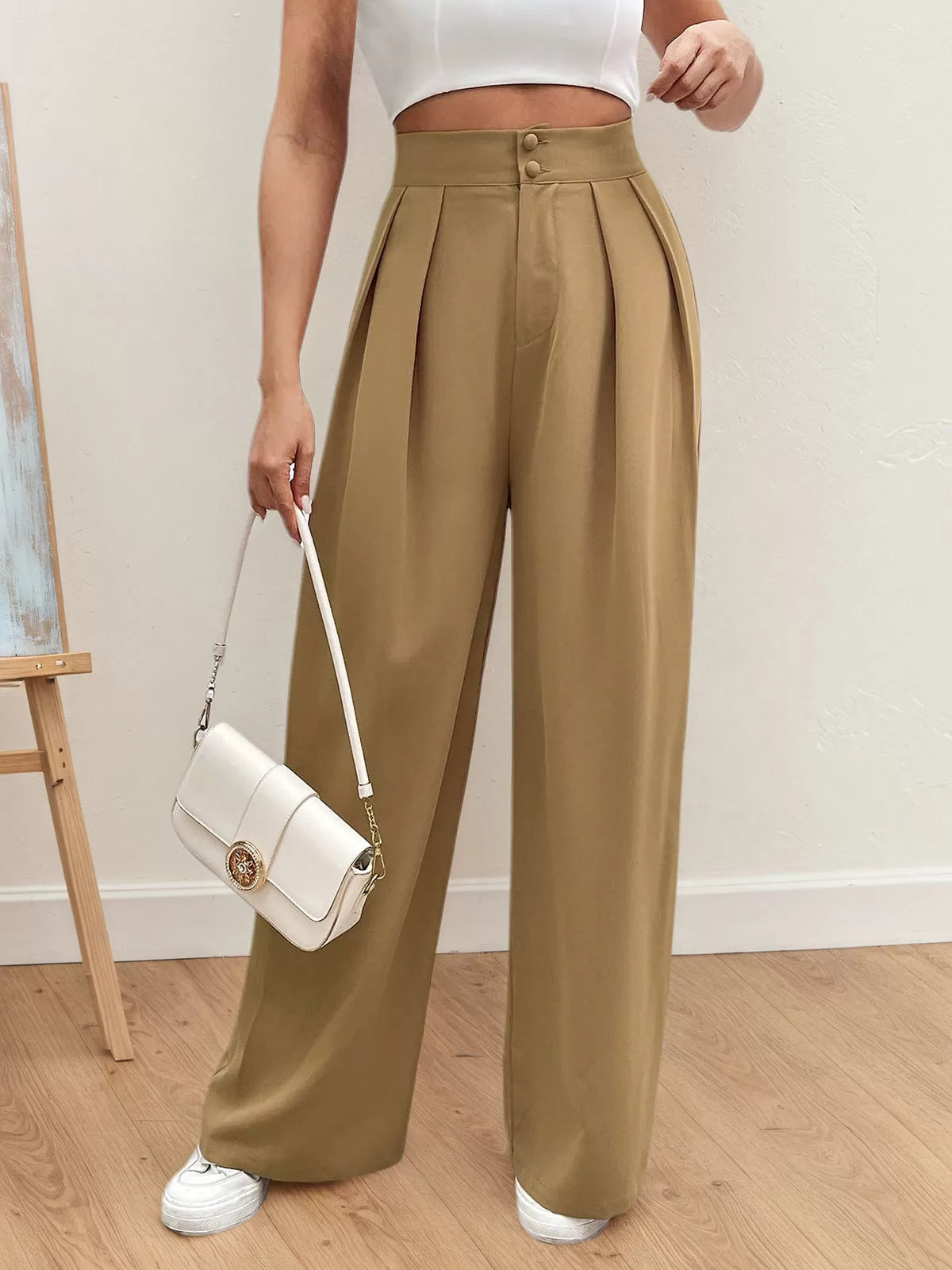 Solid Button Medium Rise Button Fly Palazzo Pants