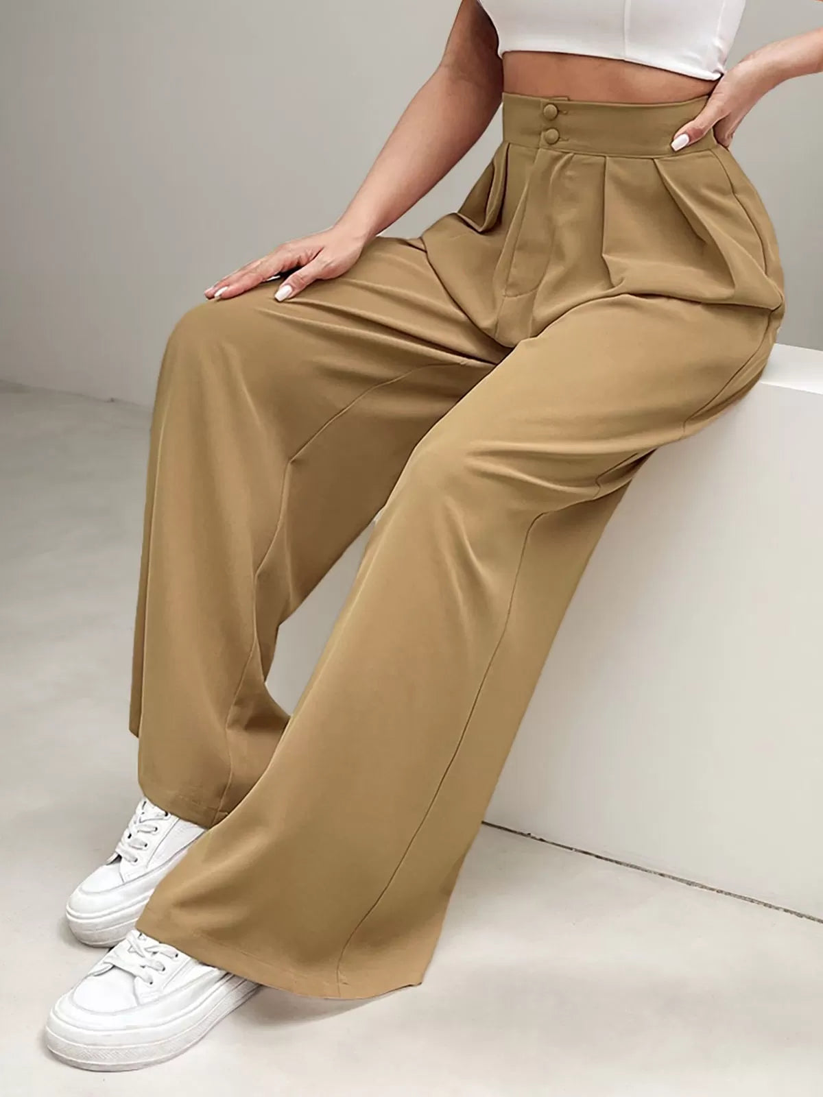 Solid Button Medium Rise Button Fly Palazzo Pants