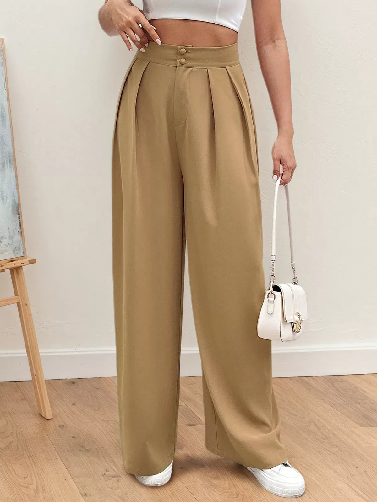 Solid Button Medium Rise Button Fly Palazzo Pants