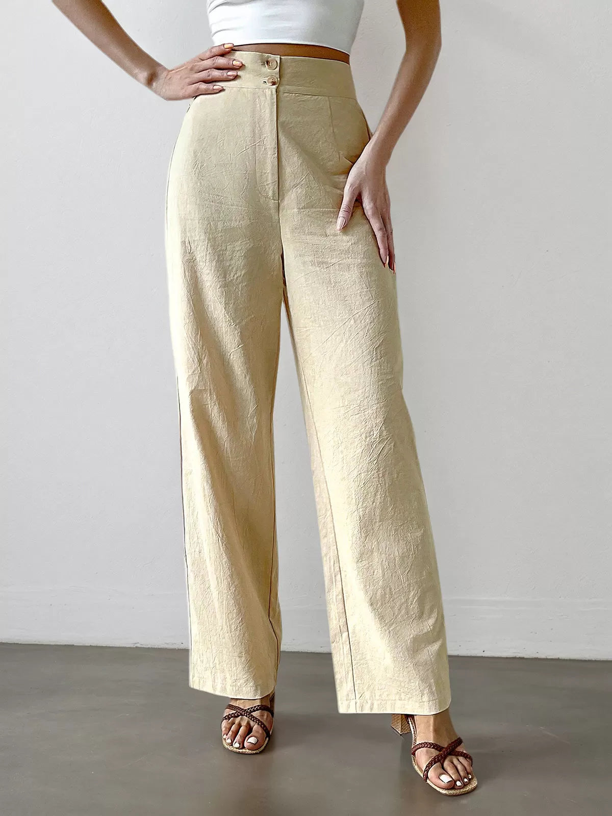 Solid Medium Rise Button Fly Straight Leg Pants