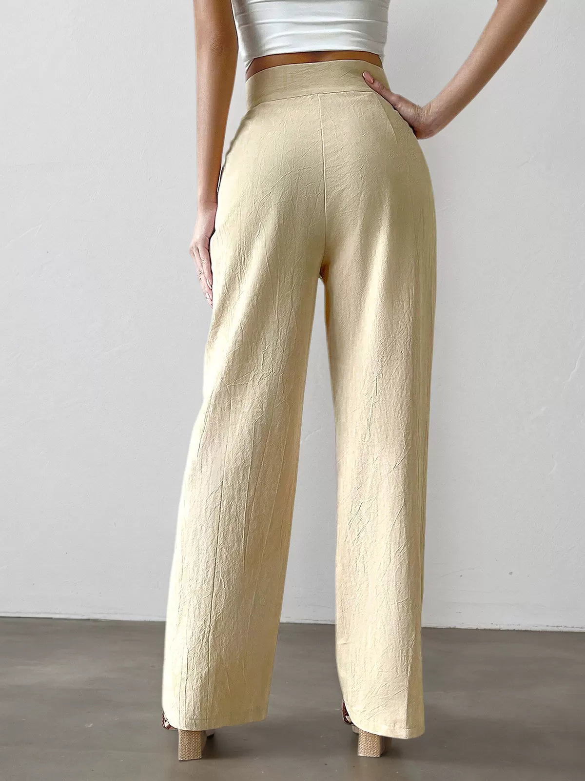 Solid Medium Rise Button Fly Straight Leg Pants