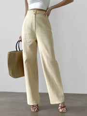 Solid Medium Rise Button Fly Straight Leg Pants