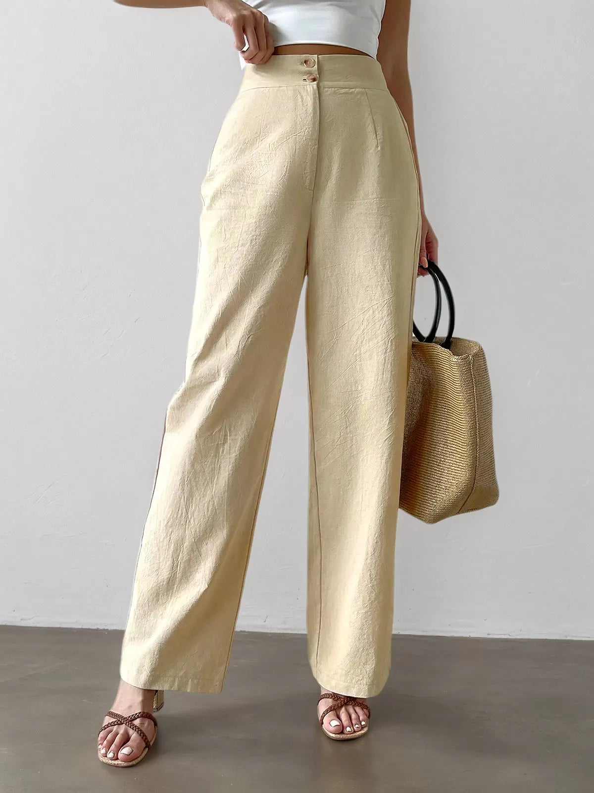 Solid Medium Rise Button Fly Straight Leg Pants