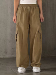 Solid Button Medium Rise Elastic Waist Cargo Pants