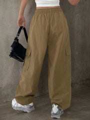 Solid Button Medium Rise Elastic Waist Cargo Pants
