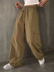 Solid Button Medium Rise Elastic Waist Cargo Pants