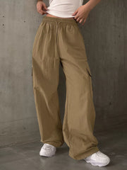 Solid Button Medium Rise Elastic Waist Cargo Pants