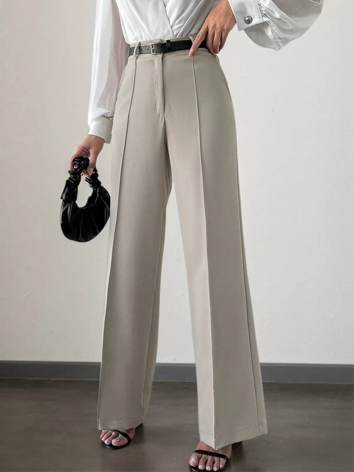 Solid Button Medium Rise Zipper Fly Straight Leg Pants