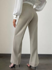 Solid Button Medium Rise Zipper Fly Straight Leg Pants