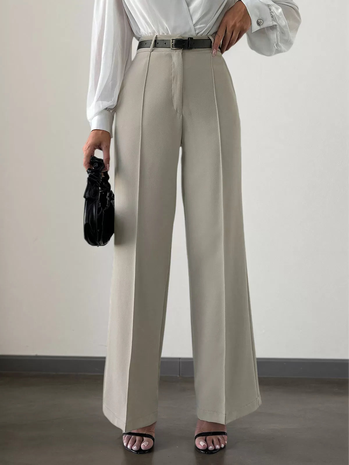 Solid Button Medium Rise Zipper Fly Straight Leg Pants