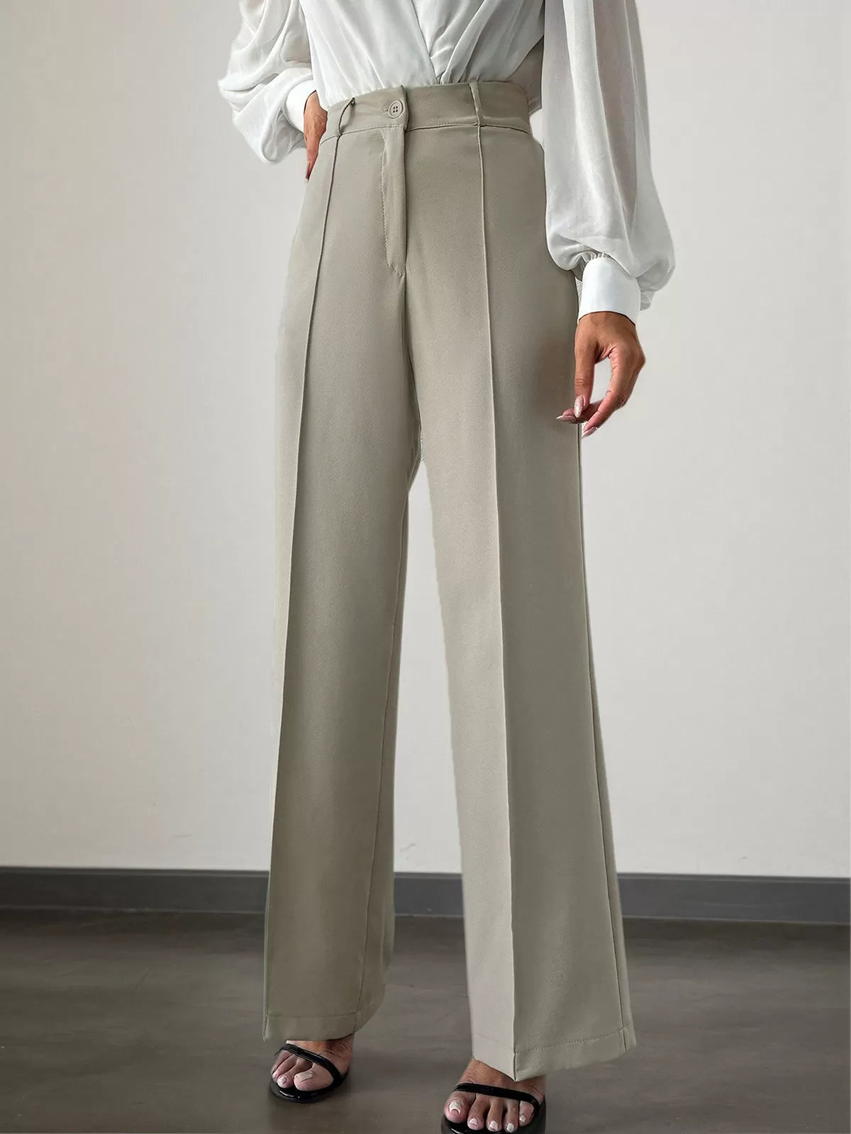 Solid Button Medium Rise Zipper Fly Straight Leg Pants
