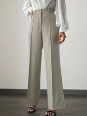 Solid Button Medium Rise Zipper Fly Straight Leg Pants