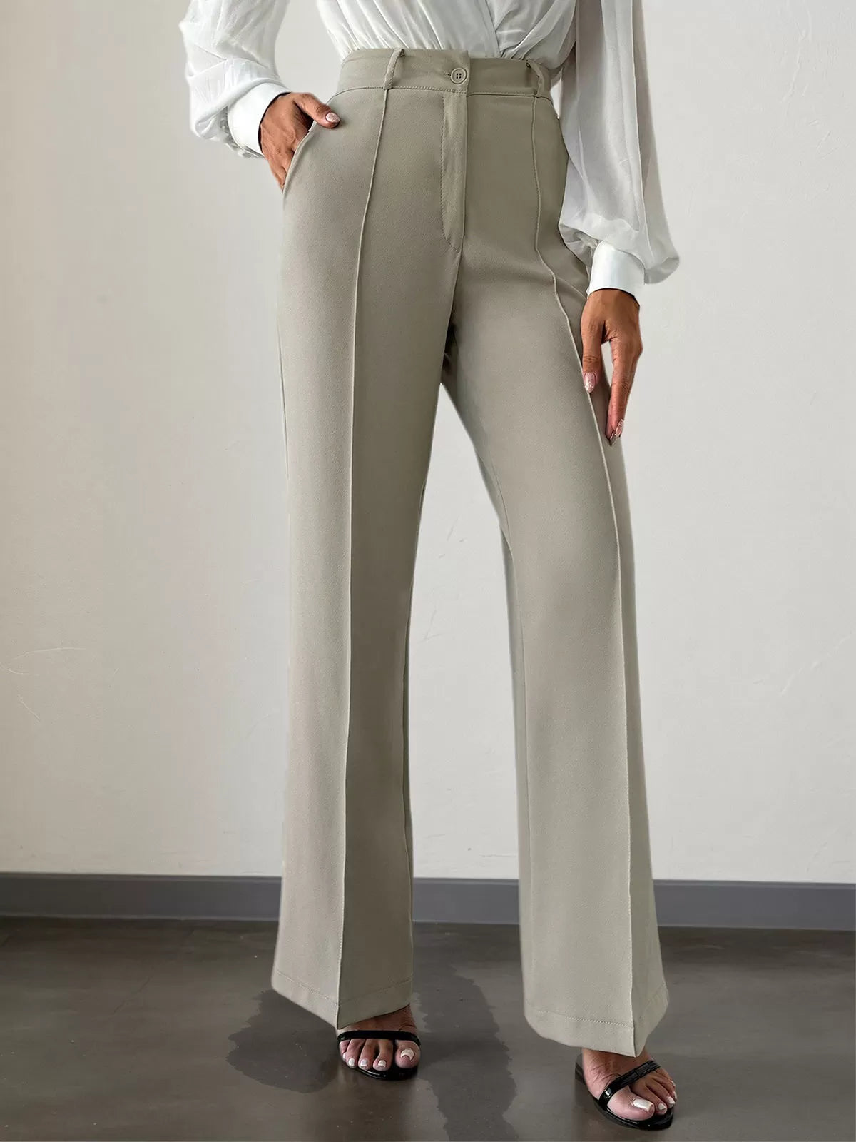 Solid Button Medium Rise Zipper Fly Straight Leg Pants