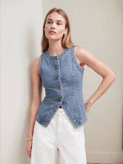 Solid Button Round Neck Denim Vest