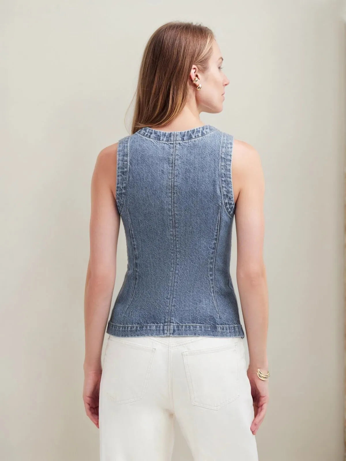 Solid Button Round Neck Denim Vest