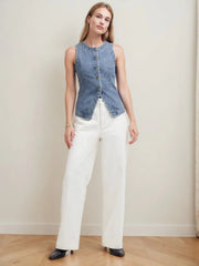 Solid Button Round Neck Denim Vest