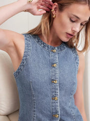 Solid Button Round Neck Denim Vest