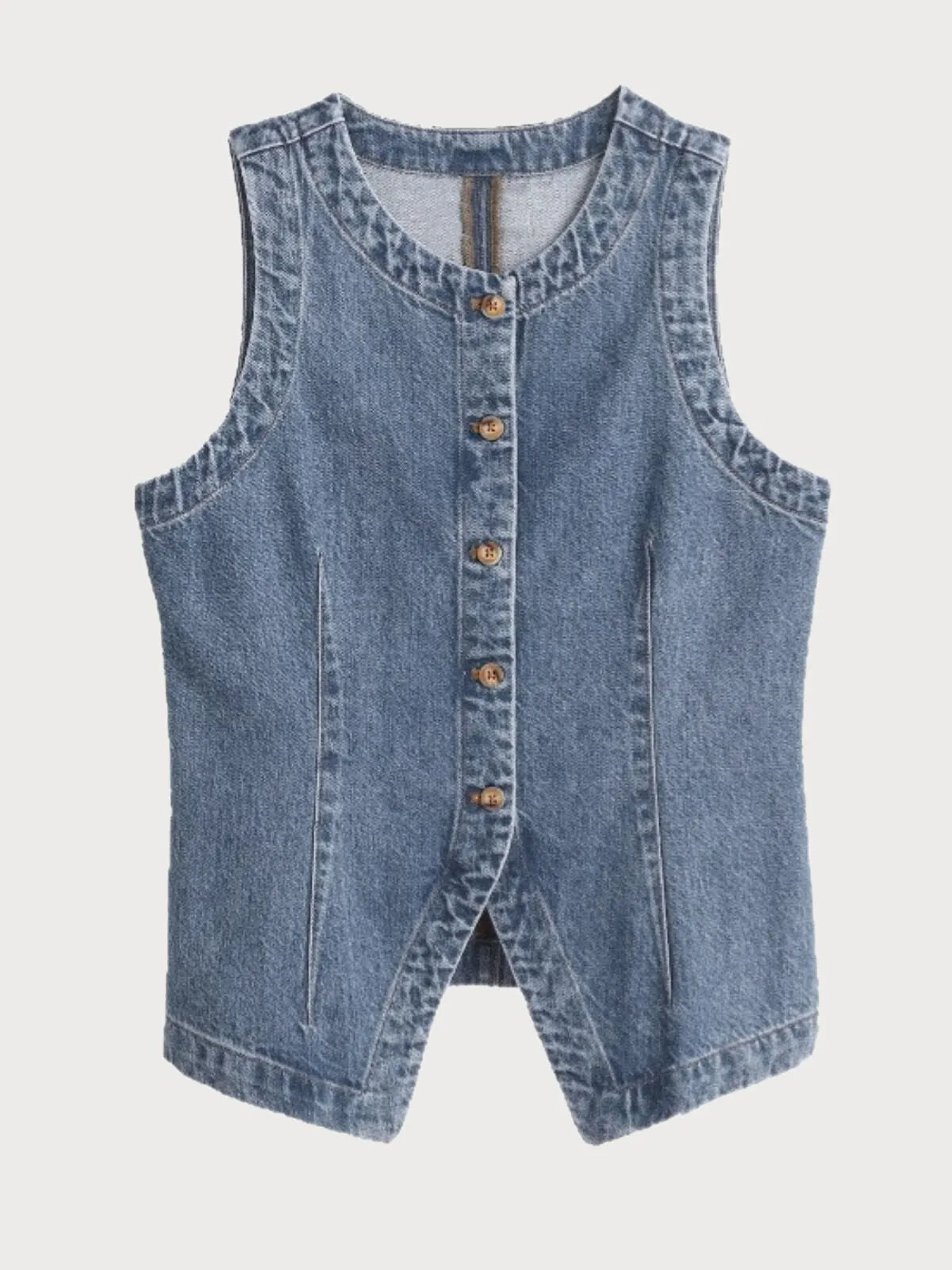 Solid Button Round Neck Denim Vest