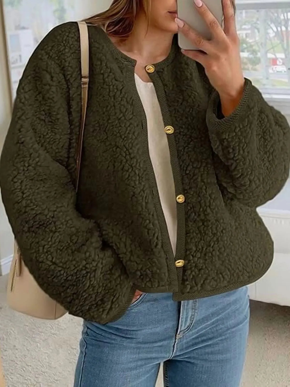 Trendy Cute Solid Button Fuzzy Fleece Teddy Bear Soft Faux Fur Coat