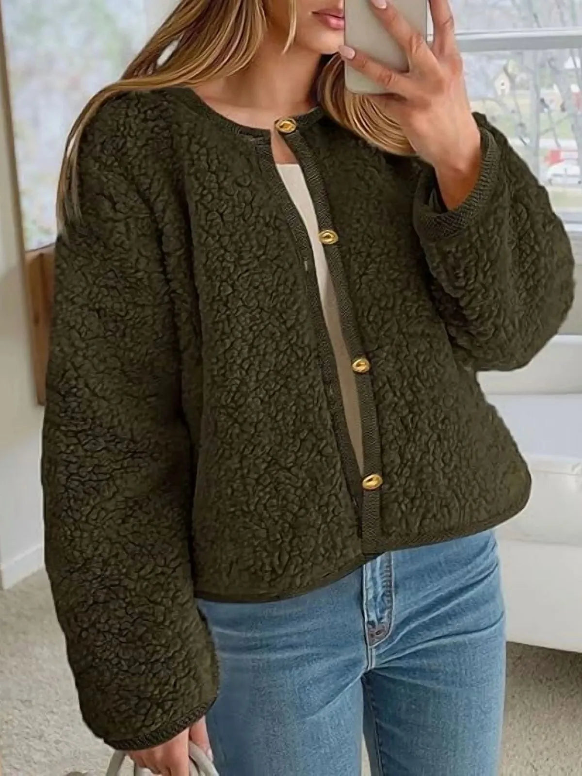 Trendy Cute Solid Button Fuzzy Fleece Teddy Bear Soft Faux Fur Coat