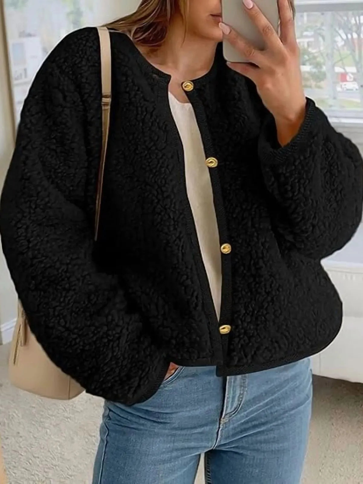 Trendy Cute Solid Button Fuzzy Fleece Teddy Bear Soft Faux Fur Coat