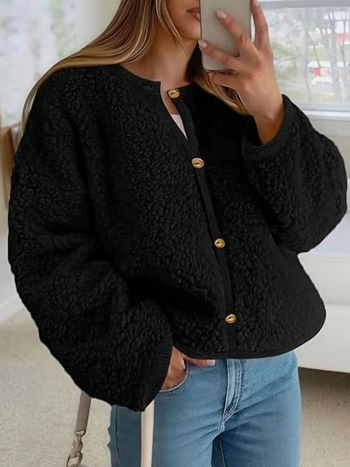 Trendy Cute Solid Button Fuzzy Fleece Teddy Bear Soft Faux Fur Coat