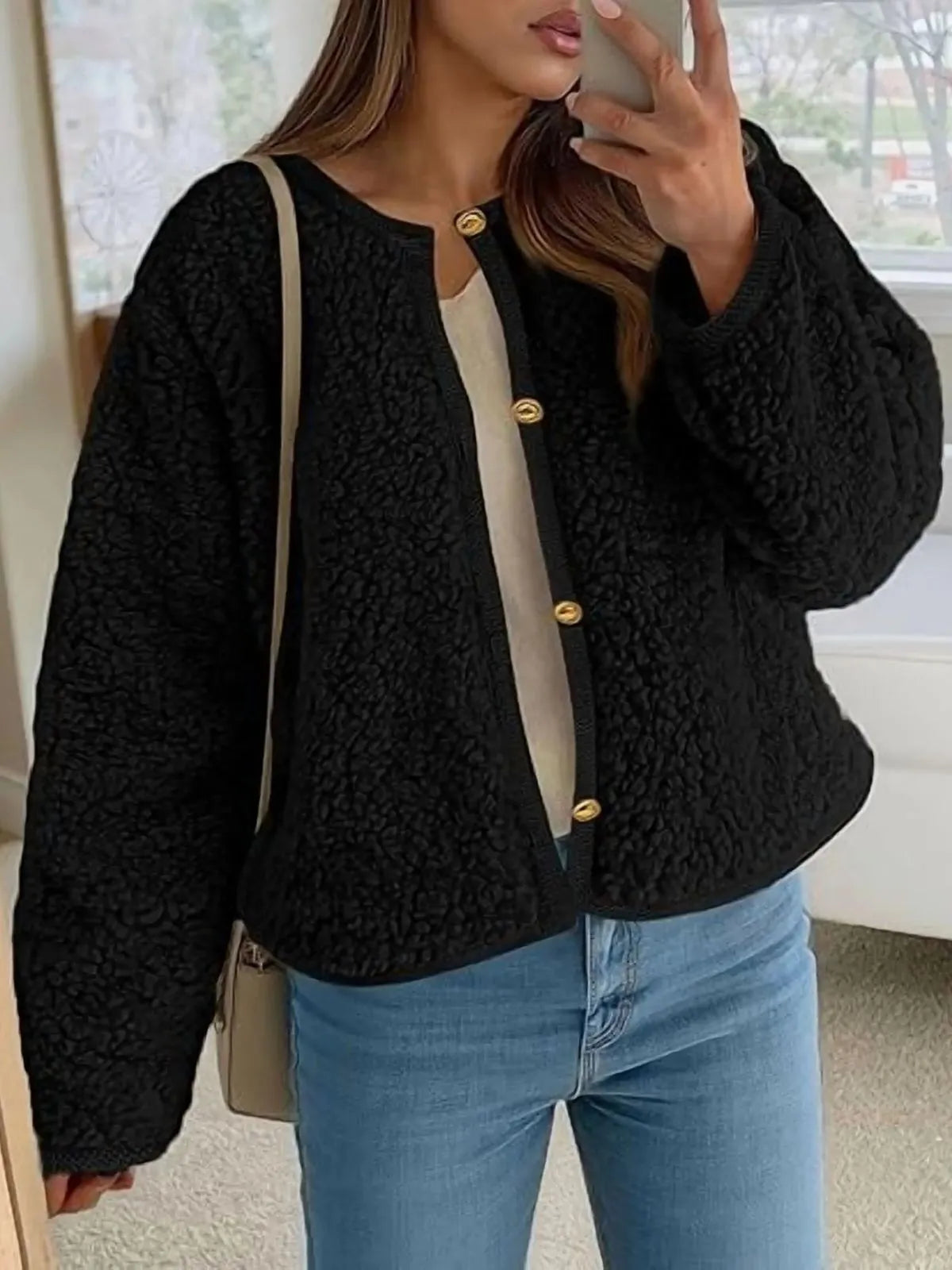 Trendy Cute Solid Button Fuzzy Fleece Teddy Bear Soft Faux Fur Coat