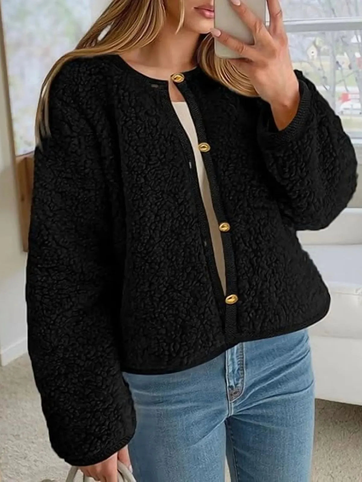 Trendy Cute Solid Button Fuzzy Fleece Teddy Bear Soft Faux Fur Coat