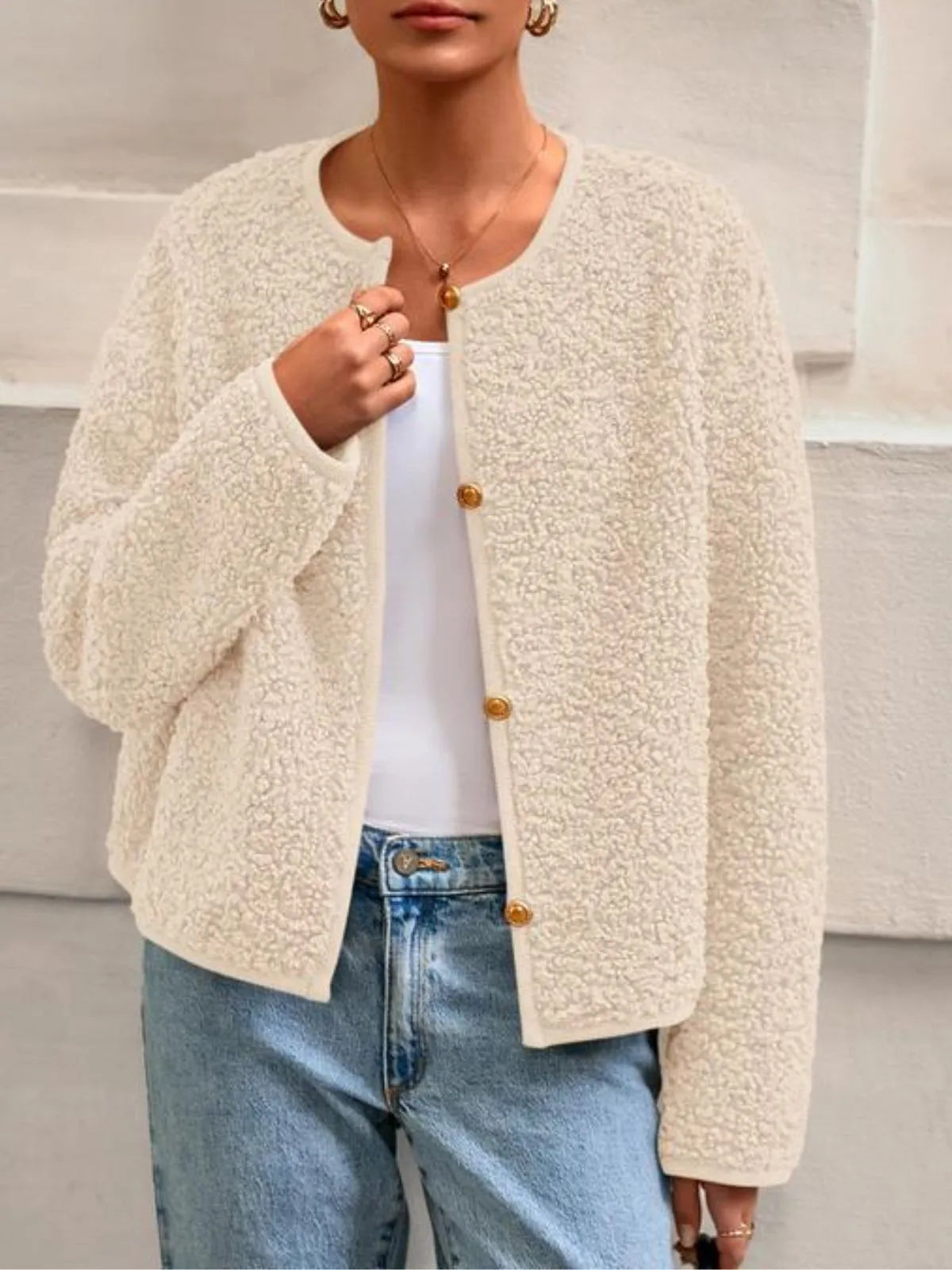Trendy Cute Solid Button Fuzzy Fleece Teddy Bear Soft Faux Fur Coat