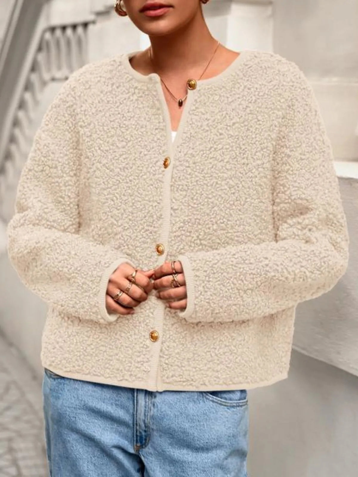 Trendy Cute Solid Button Fuzzy Fleece Teddy Bear Soft Faux Fur Coat