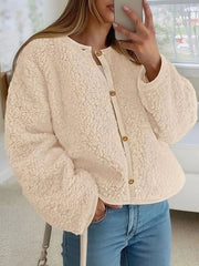 Trendy Cute Solid Button Fuzzy Fleece Teddy Bear Soft Faux Fur Coat