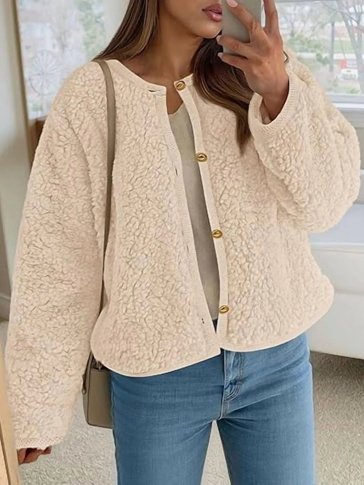 Trendy Cute Solid Button Fuzzy Fleece Teddy Bear Soft Faux Fur Coat