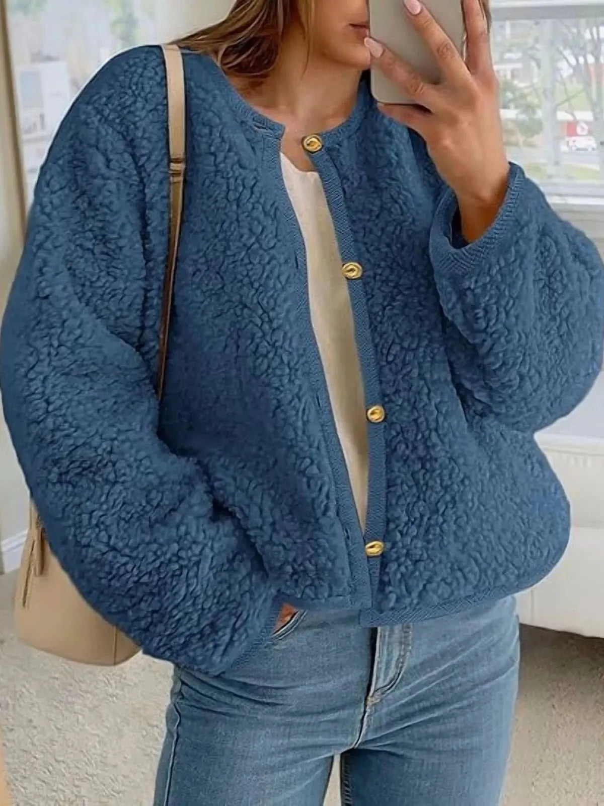 Trendy Cute Solid Button Fuzzy Fleece Teddy Bear Soft Faux Fur Coat