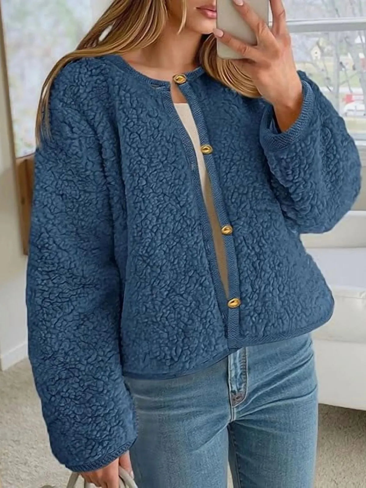 Trendy Cute Solid Button Fuzzy Fleece Teddy Bear Soft Faux Fur Coat