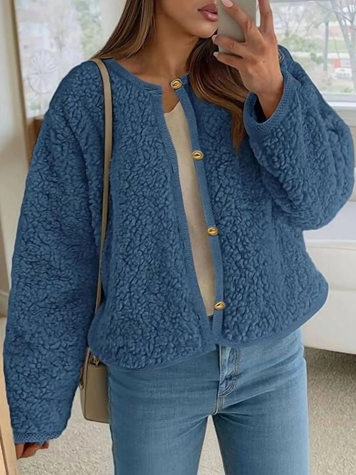 Trendy Cute Solid Button Fuzzy Fleece Teddy Bear Soft Faux Fur Coat