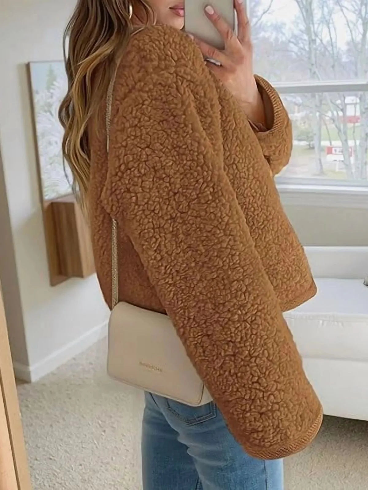 Trendy Cute Solid Button Fuzzy Fleece Teddy Bear Soft Faux Fur Coat