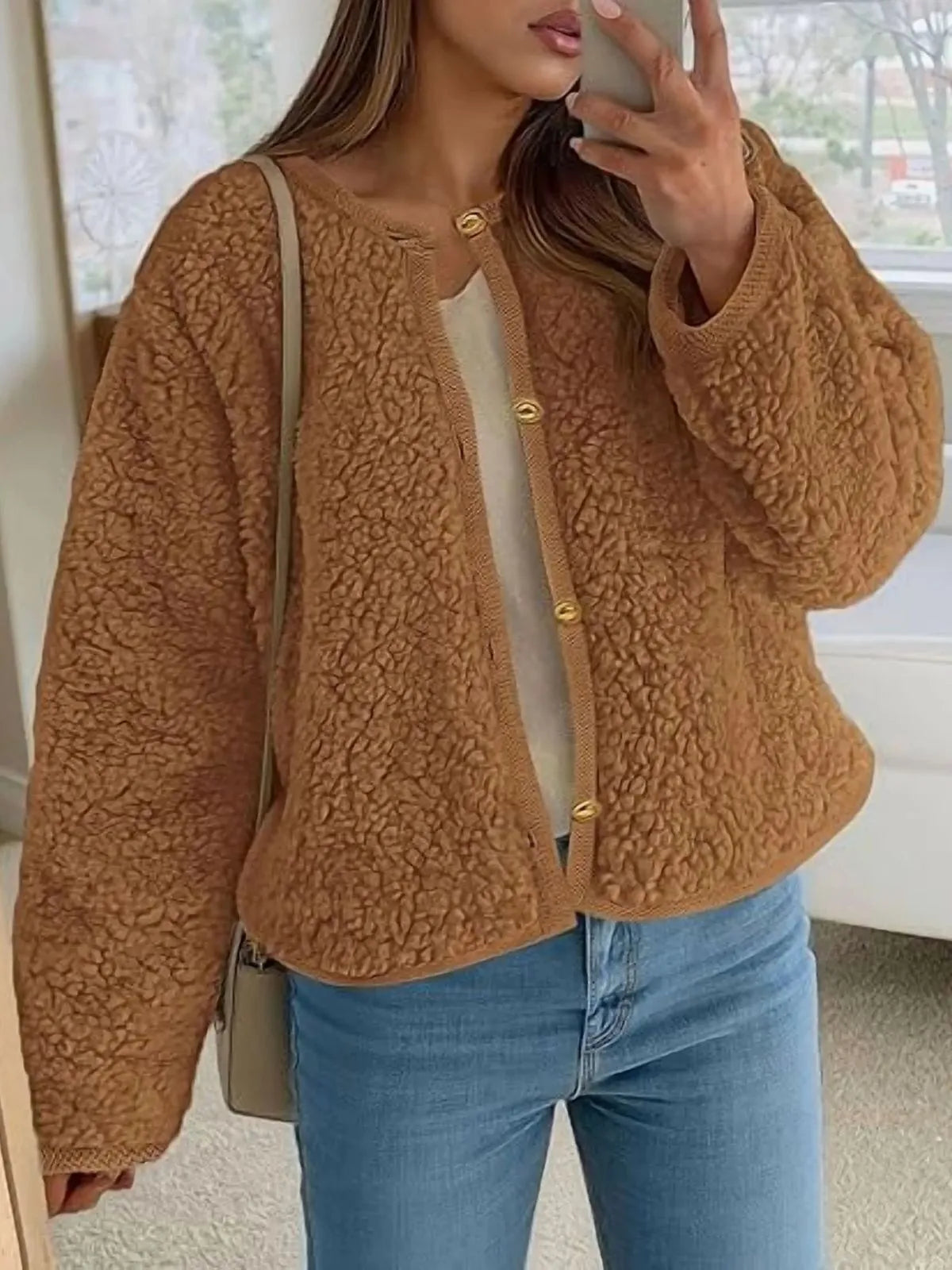 Trendy Cute Solid Button Fuzzy Fleece Teddy Bear Soft Faux Fur Coat